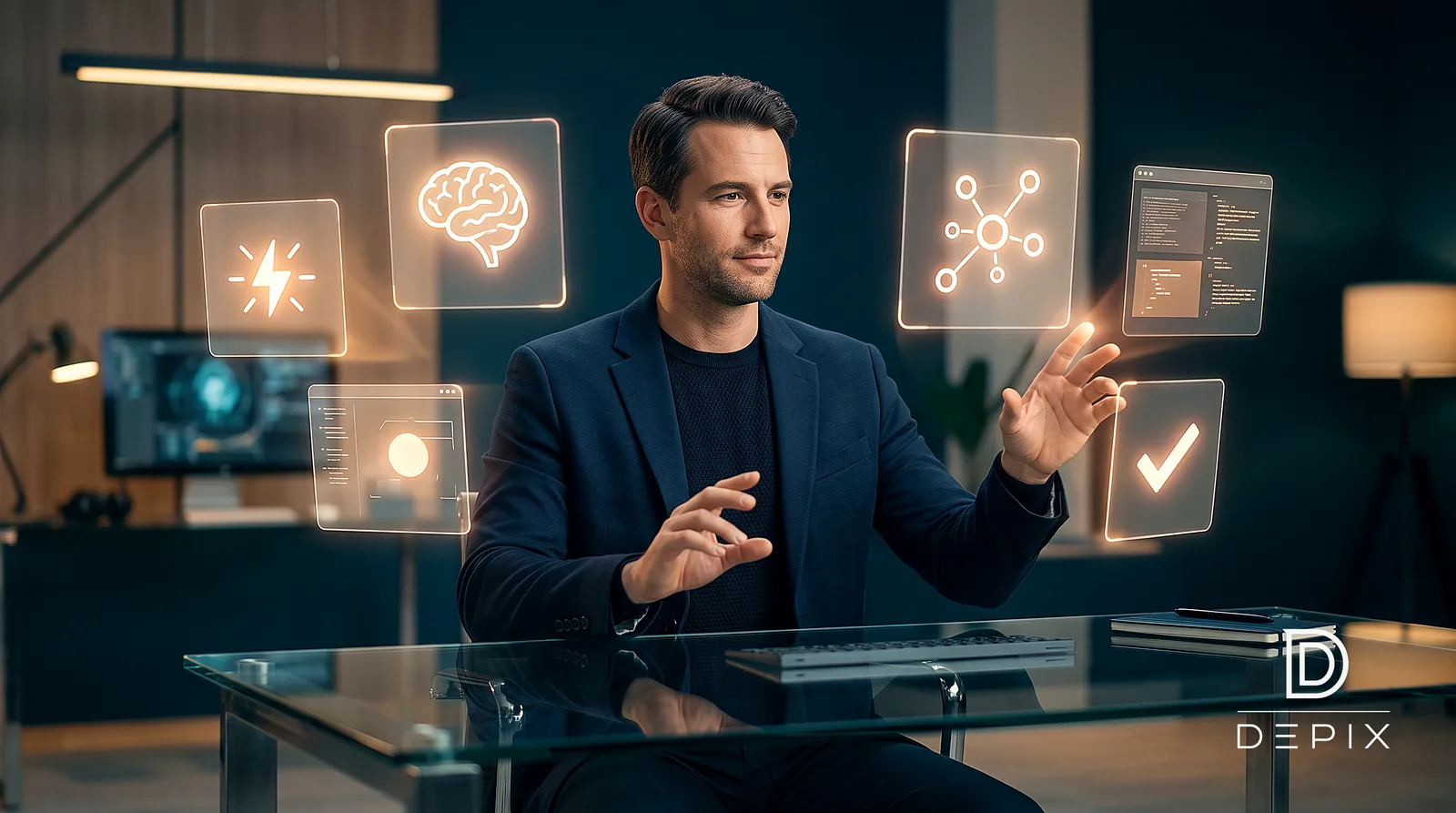 A professional surrounded by glowing holographic tools