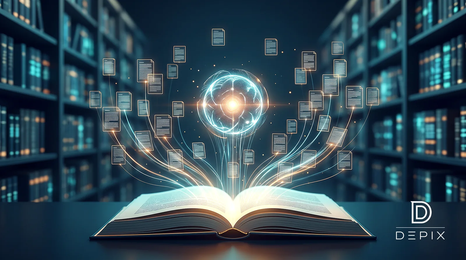 An open glowing book feeding a neural core
