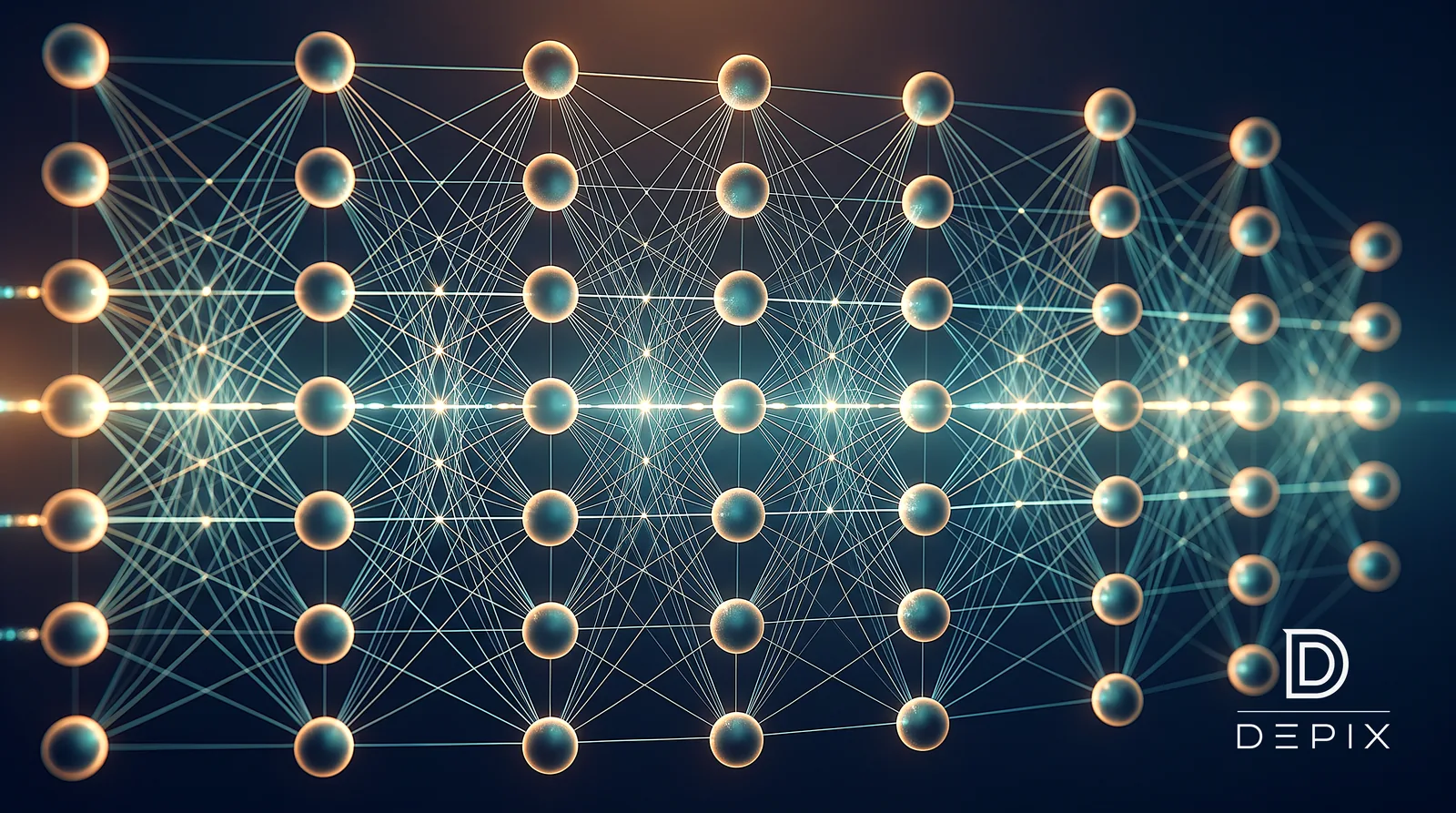 Layered glowing network of nodes and connections