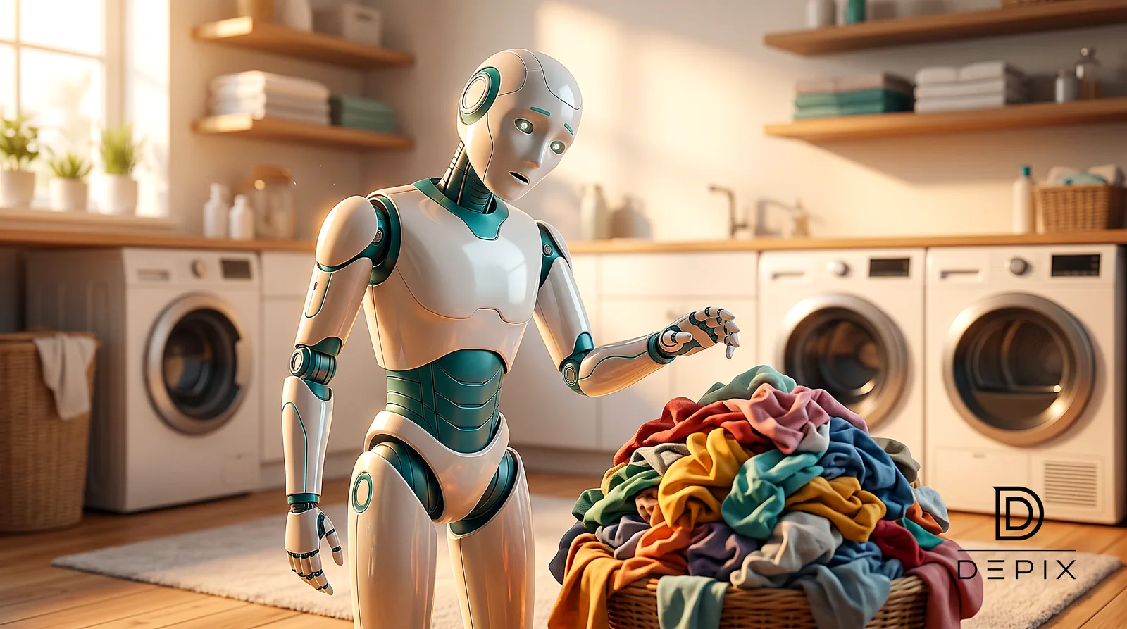 A friendly home robot facing a pile of tangled clothes